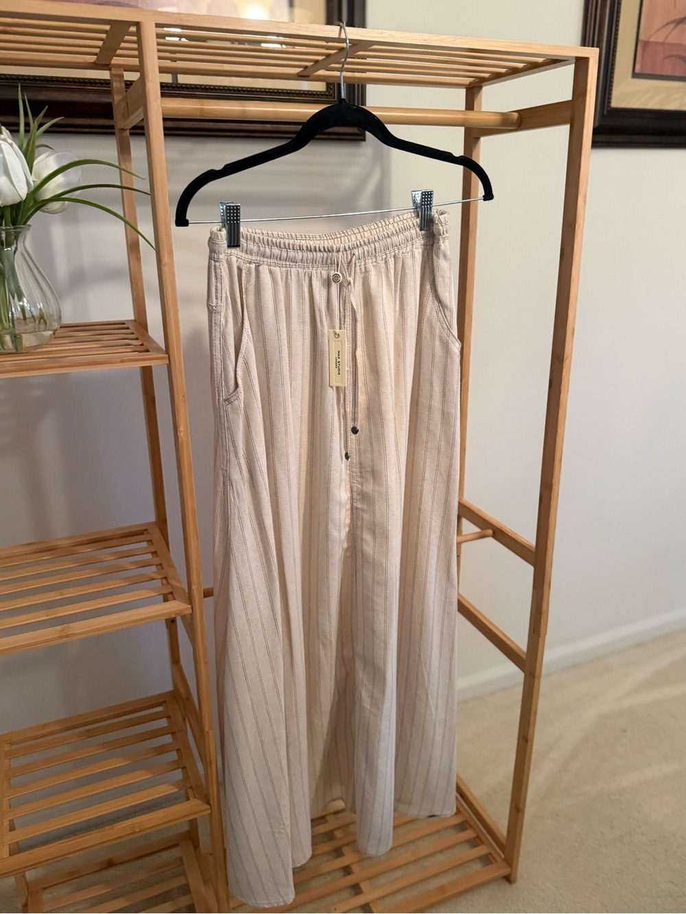 Max Studio Beige & Cream Striped Drawstring skirt